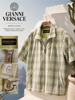 Gianni Versace Light Green Plaid Zip-Front Shirt Jacket